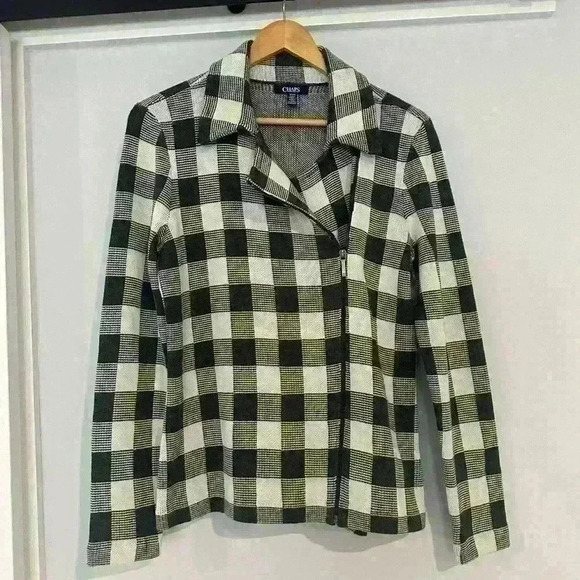 Chaps Jacket Women's Buffalo Plaid Gray and White Off Center Zipper Knit Medium - Picture 1 of 7